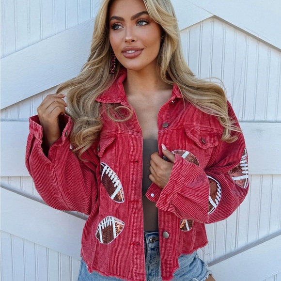 Poppy & Syl Jackets & Blazers - Football game ready!!!Red Corduroy Jacket with Sequined Football Patches